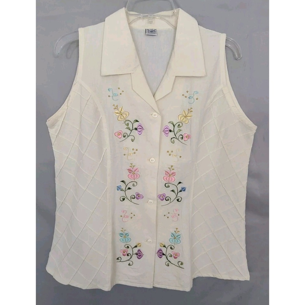 LIBIA Womens Plus Sz 36 White Vest Tank Embroidered Blouse 100% Cotton Mexico